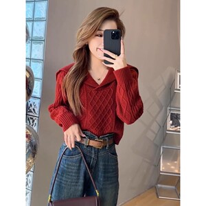 
Large lapel retro sweater for women in spring and autumn high waist short style small soft waxy pullover long sleeve thick woolen knitted top