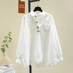 Long-Sleeved Shirt for Women 2026 Spring and Autumn New Style for Plus-Size Girls, Unique Design with Embroidery and Hollow-Out Details, High-End Feel