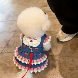 Dog Clothes Cherry Denim Harness Dress Thin Princess Dress Small Dog Harness Cat Teddy Pet Anti-Shedding