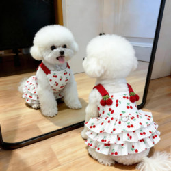 Dog Clothes Summer Cherry Suspender Dress Thin Sweet Cute Style Dress Bichon Teddy Breathable Puffy Skirt