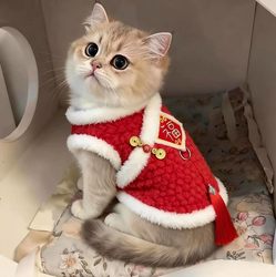 Kitten Clothes Winter New Year Embroidered Blessing Character Vest Ragdoll Golden Shorthair British Shorthair Fleece-Lined Anti-Shedding Warm Clothing