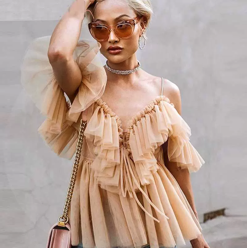 ant ruffle off shoulder shirt tops female Mesh blouse blusas-Taobao