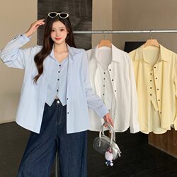Plus Size Fat Girl Fresh Style Fake Two-Piece Lapel Long-Sleeve Shirt Women's Spring Loose Design Elegant Shirt Top