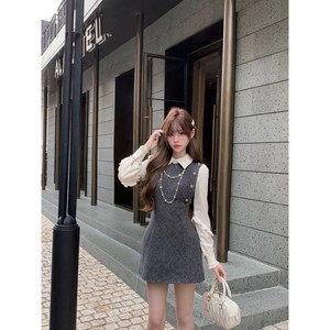 
French elegant and gentle dress with rich design, long-sleeved fake two-piece waist-cinching A-line dress for women