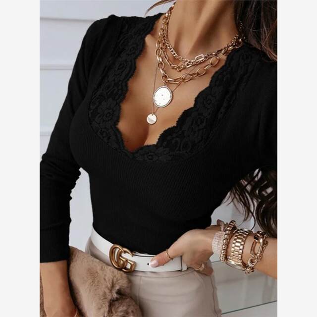 European and American Speed ​​Sales Spring and Autumn Fashion V-neck Lace Slim Slim white long-sleeved T-shirt bottoming shirt female T-shirt