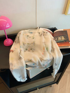 品牌设计感猫咪印花钉珠薄款针织衫女秋季温柔减龄圆领长袖毛衣潮