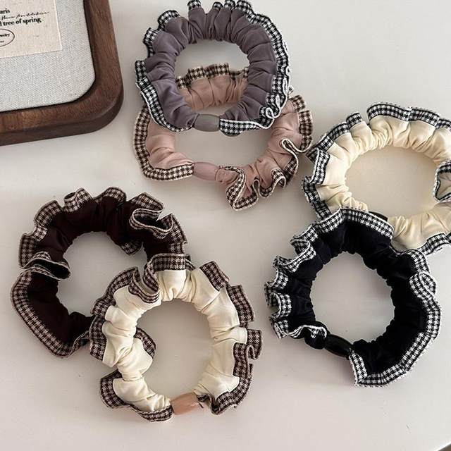 2024 new high elastic retro plaid pattern lace small intestine hair ring autumn and winter temperament ponytail head rope hair rope