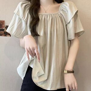 
Large size sweet style retro square collar chiffon short-sleeved shirt for women with fat mm loose slimming belly versatile top