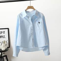 Light Blue Embroidered Long-Sleeved Shirt for Women, New Spring Style, Lazy and Loose, Versatile, Slimming and Brightening, Petite Top