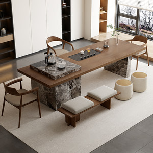 
Solid wood tea table and chair combination island living room and home office large board tea table light luxury modern simple high-end feeling