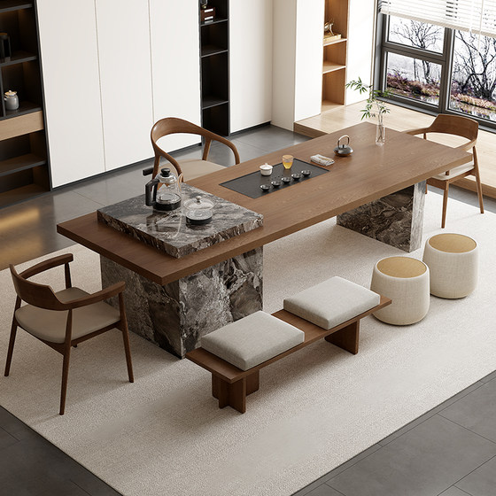 
Solid wood tea table and chair combination island living room and home office large board tea table light luxury modern simple high-end feeling