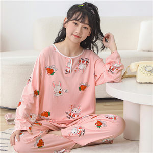 Spring and Autumn Babies Cotton Silk Children Girl Pajamas Long Sleeve Summer Summer Big Girls Great Children's Silk Home Furnishing Set