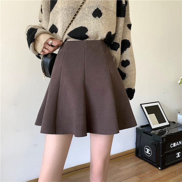 Mao woolen skirt autumn and winter large size fat MM high waist high waist versatile winter fluffy pleated skirt cover large swing A -line skirt