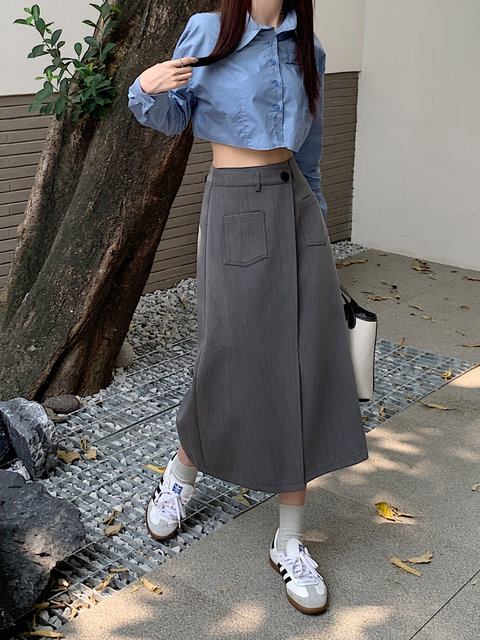 Fat MM irregular skirt, long skirt, large -size solid color pocket work style suit, suit skirt covering thin A -line skirt autumn