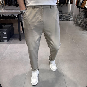 Spring and summer new tide brand thin silk casual pants men's Korean version slim waist, waist slide, small feet men's pants tide
