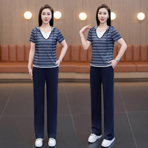 
Striped Fake Two-piece Top Straight Pants Two-piece Set 2026 Summer New Casual Suit Women's Slim Sports Clothing