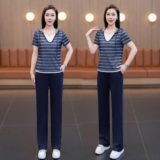 
Striped Fake Two-piece Top Straight Pants Two-piece Set 2026 Summer New Casual Suit Women's Slim Sports Clothing