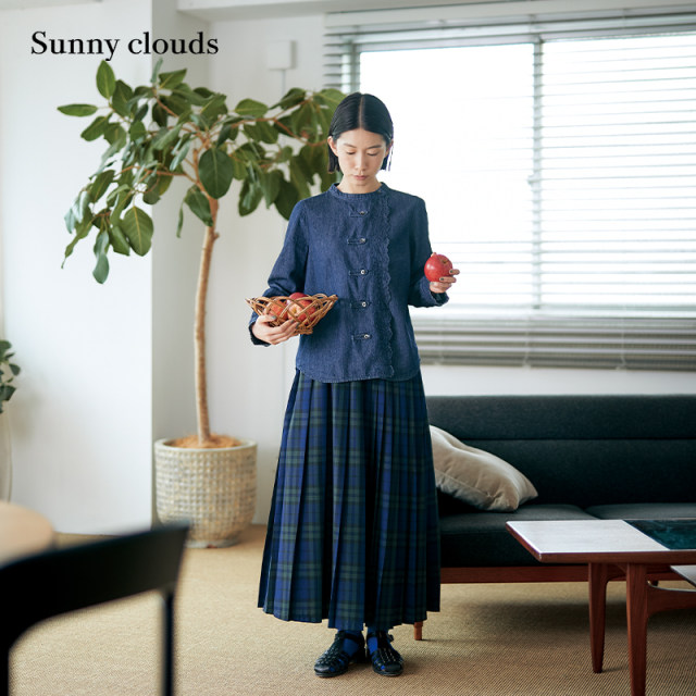 New autumn products Sunny clouds asymmetric pleated plaid skirt blue and green skirt versatile