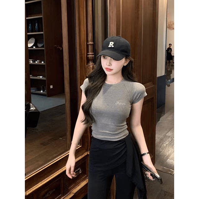 American-style front shoulder letter embroidered gray short-sleeved T-shirt for women's summer 2025 new slim fit and sexy girl short top