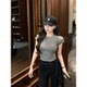 American-style front shoulder letter embroidered gray short-sleeved T-shirt for women's summer 2025 new slim fit and sexy girl short top