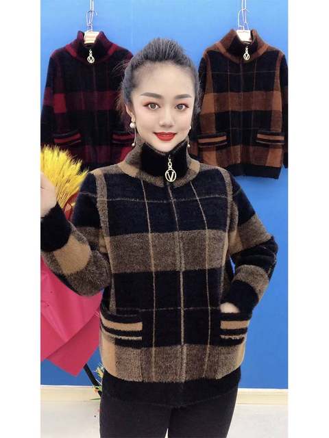 2022 Mink velvet two -use collar zipper short jacket long sleeves thick and warm mother pretending to be female middle -aged and elderly cardigan

