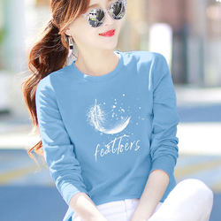 Brand Pure Cotton Round Neck Long-Sleeve T-Shirt for Women, Loose Fit, Printed, Age-Reducing, Korean Style, Base Layer, Suitable for Spring and Autumn