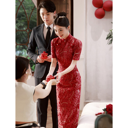 Cheongsam Toast Wear Bride 2023 Nové Vyzrálé čínské Zásnubní šaty Dámské Letní červené Krajkové šaty