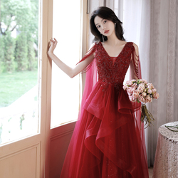 Červené Večerní šaty ženské Super Víla Lehká Gáza Letní Toastové Oblečení S Výstřihem Do V 2023 Nová Nevěsta Luxusní Svatební šaty