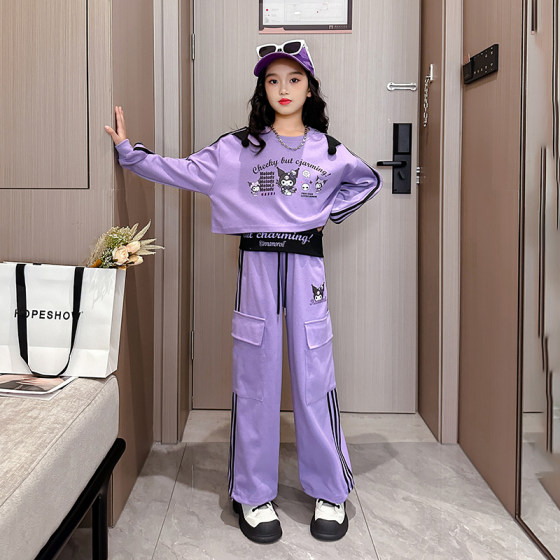 
Girls' sportswear suit autumn clothes big children 2025 new fashionable children's Kulomi sweatshirt work pants three-piece set