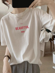 European Style White Pure Cotton Round Neck Summer Short-Sleeve T-Shirt for Women, Loose Fit, Slimming, American Style, 2025 New Lazy Style Top