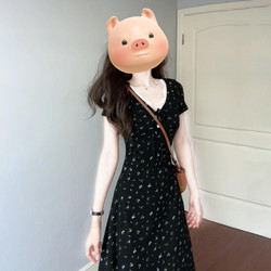 French-Style Tea Break Black V-Neck Floral Dress for Women, Spring High-End Outfit, Waist-Cinching Slimming Long Dress