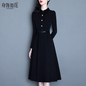 
2025 new autumn and winter style elegant lady slim a-line little black dress mid-length baby collar black long-sleeved dress