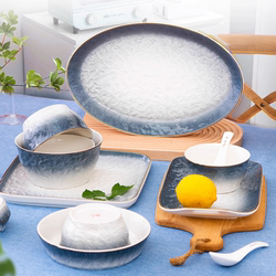 Water Wave Graphite Ceramic Bowl, Household Rice Bowl, Light Luxury Gold-Edged Gradient Color Bowl and Plate Tableware Set, Single Bowl and Plate
