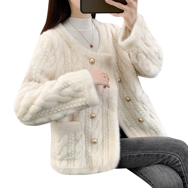 ラッコ毛皮一体外套女性秋冬韓版新型保温短外套厚いウールの上着 