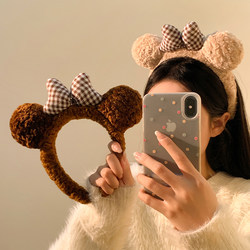 Cute Bow-Tie Bear Ear Plush Headband for Women, Cartoon Hair Accessory for Washing Face, Special for Applying Facial Masks, Winter Headband
