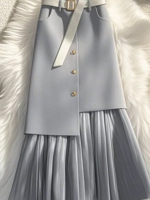 Fashionable and stylish pleated chiffon spliced ​​A-line mid-length waist to make you look slim and cover your flesh-covered skirt spring and summer new women
