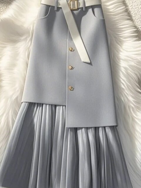 Fashionable and stylish pleated chiffon spliced ​​A-line mid-length waist to make you look slim and cover your flesh-covered skirt spring and summer new women
