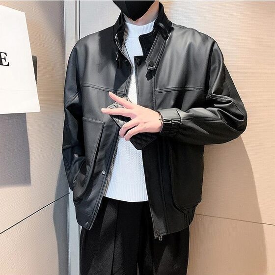 
[Ready Stock] 9820 Black Stand Collar Motorcycle Leather Jacket Men's Short Zipper Jacket Trendy Handsome High-end Jacket