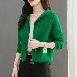 2026 Spring and Autumn New Style Hooded Knitted Cardigan for Women, Fashionable Casual Versatile Sweater Jacket with Zipper for Petite Sizes