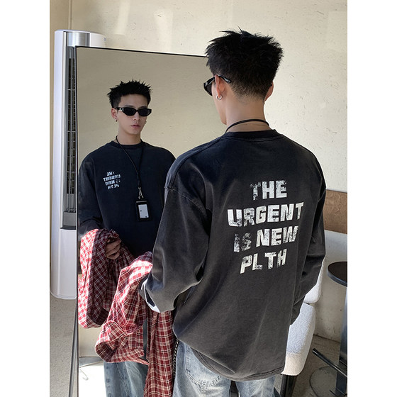 
PLTH* American simple heavyweight cotton small neckline long-sleeved T-shirt for men with old letter print loose casual top