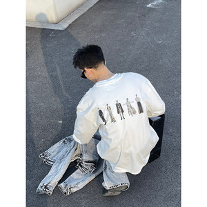 
PLTH*Spring Trend White Self-made Logo Row of People Korean T-shirt ins Men's Street Couple Long Sleeve