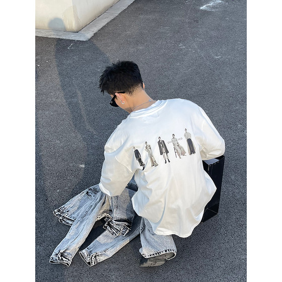 
PLTH*Spring Trend White Self-made Logo Row of People Korean T-shirt ins Men's Street Couple Long Sleeve