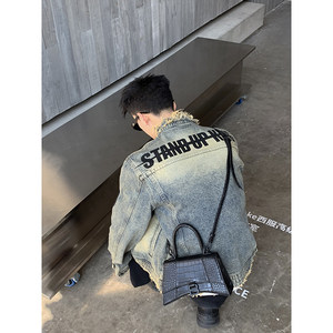 PLTH * back letter denim jacket design with matte mud dyed casual American retro jacket for men and women's jackets