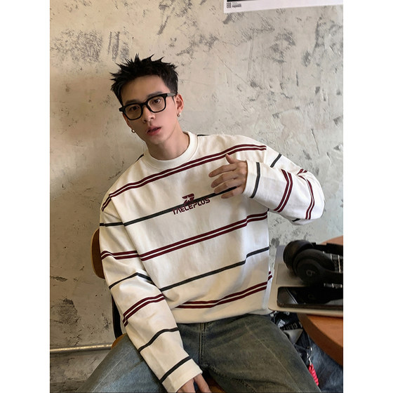
PLTH* American retro striped long-sleeved T-shirt for men 2026 spring new loose round neck bottoming shirt ins trend brand