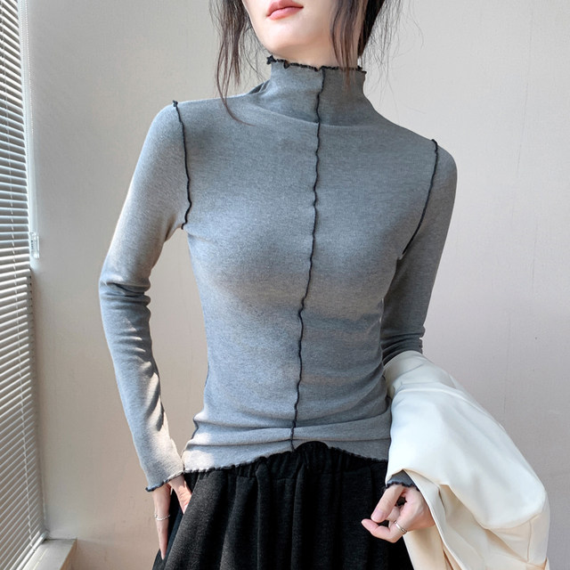 Gebei Shang Europe and the United States retro non -lock edge half -high -necked long -sleeved grinding hair, the female top of the female top, stitching design feel bottoming shirt
