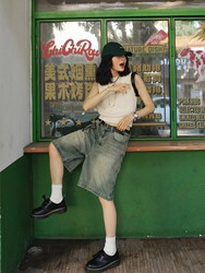 Washed Vintage Straight-Leg Denim Shorts 2024 New High-Waisted Loose Wide-Leg Mid-Length Pants Slimming Five-Point Pants
