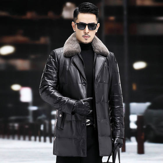 
This year's popular special offer new genuine leather jacket men's mid-length down jacket mink fur collar lapel sheepskin plus velvet