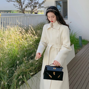 Rujin homemade <Parma White Tea> Australia 100 wool double -sided woolen coat female medium long jacket 2 color
