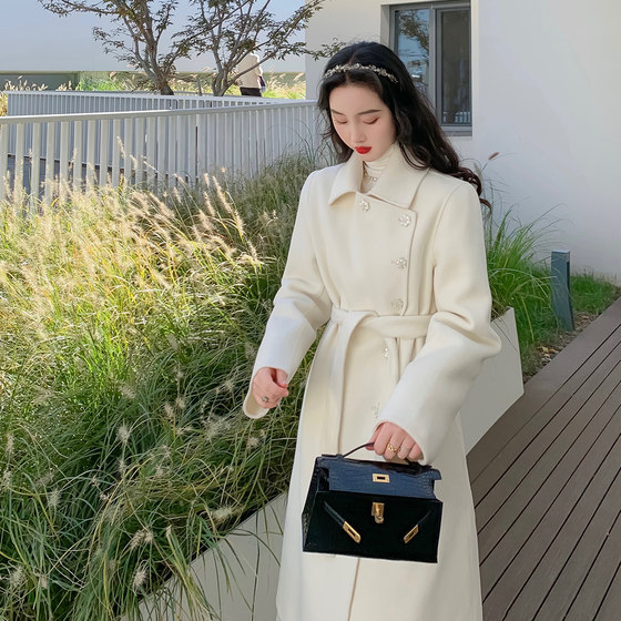 Rujin homemade <Parma White Tea> Australia 100 wool double -sided woolen coat female medium long jacket 2 color
