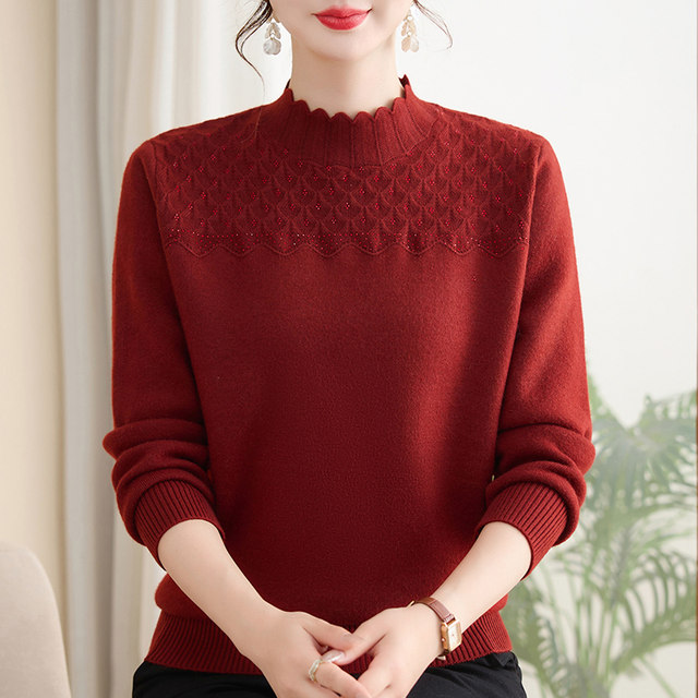 Mom's stylish velvet thickened sweater, middle-aged women's new long-sleeved top, middle-aged and elderly autumn and winter knitted bottoming shirt